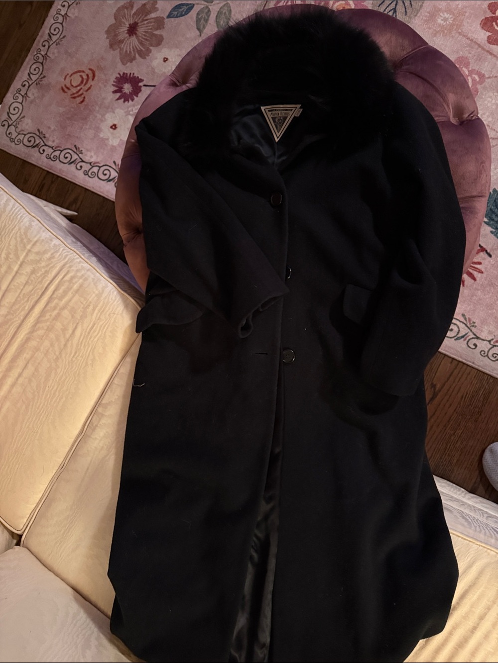 Marvin Richards Black Wool Trench Coat with Fur Collar